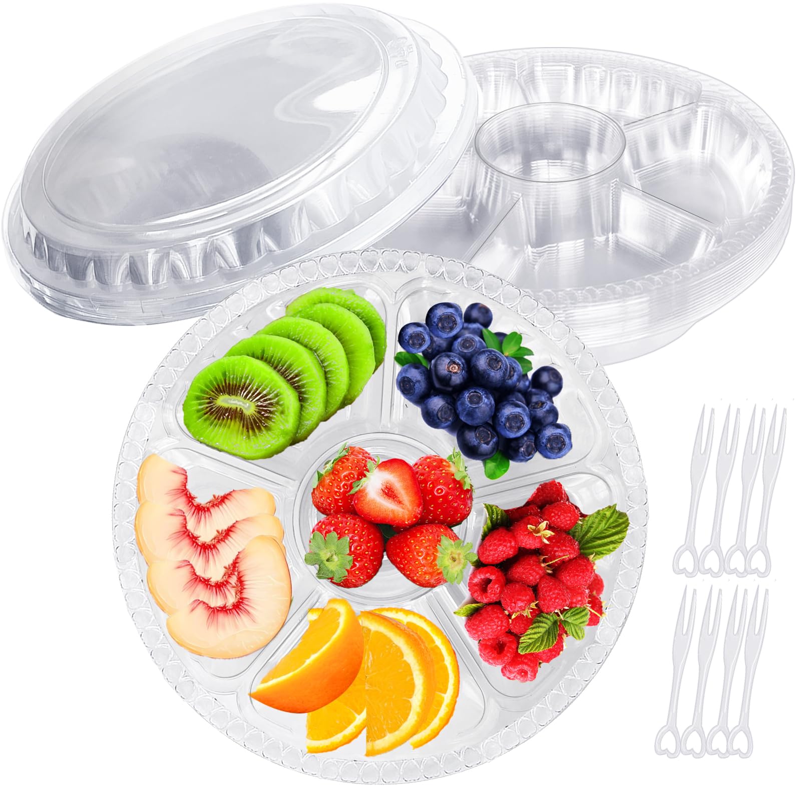 12 Pack Plastic Appetizer Trays with Lids,6 Compartment Serving Platters Tray with 100 Pcs Forks,Disposable 10 Inch Clear Round Fruit Storage Container for Snack,Food,Vegetable,Party Buffet Favors