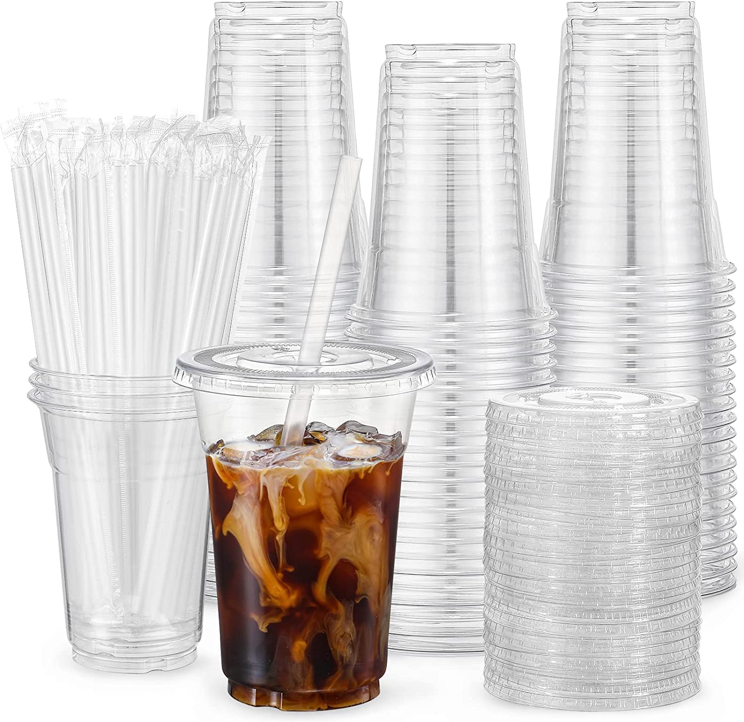 VITEVER 100 Sets - 12oz Clear Plastic Cups with Lids and Straws, Disposable Cups for Iced Coffee, Smoothie, Milkshake, Cold Drinks