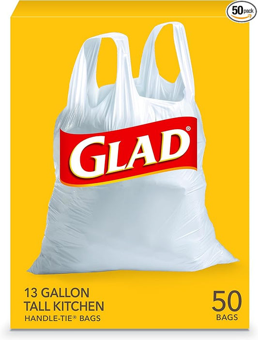Glad Tall Kitchen Trash Bags 13 Gallon, Unscented Garbage Bags, Handle-Tie, 50 Count