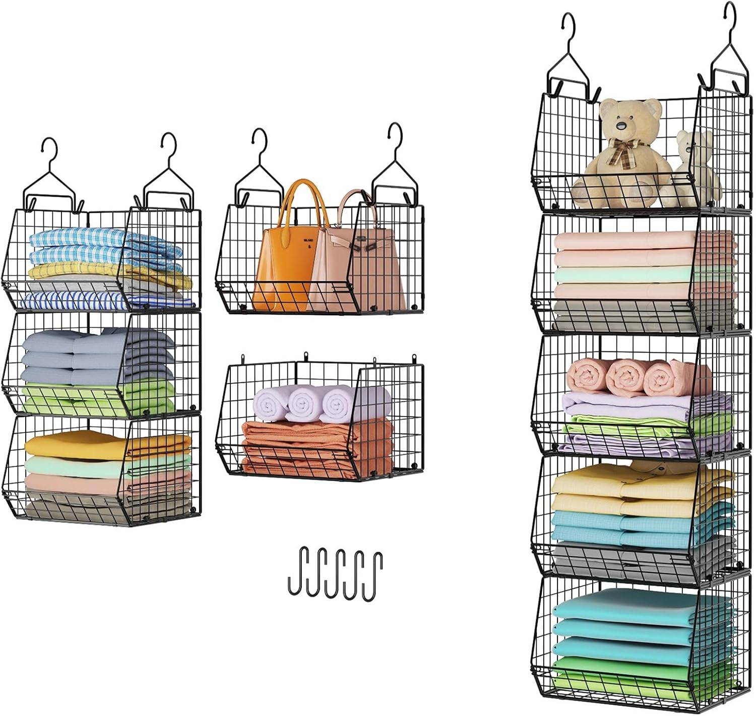 5 Tier Closet Hanging Organizer, Clothes Hanging Shelves with 4 Hanging Hooks 5 S Hooks, Wire Storage Basket Bins, for Clothing Sweaters Shoes Handbags Clutches Accessories Patent Design