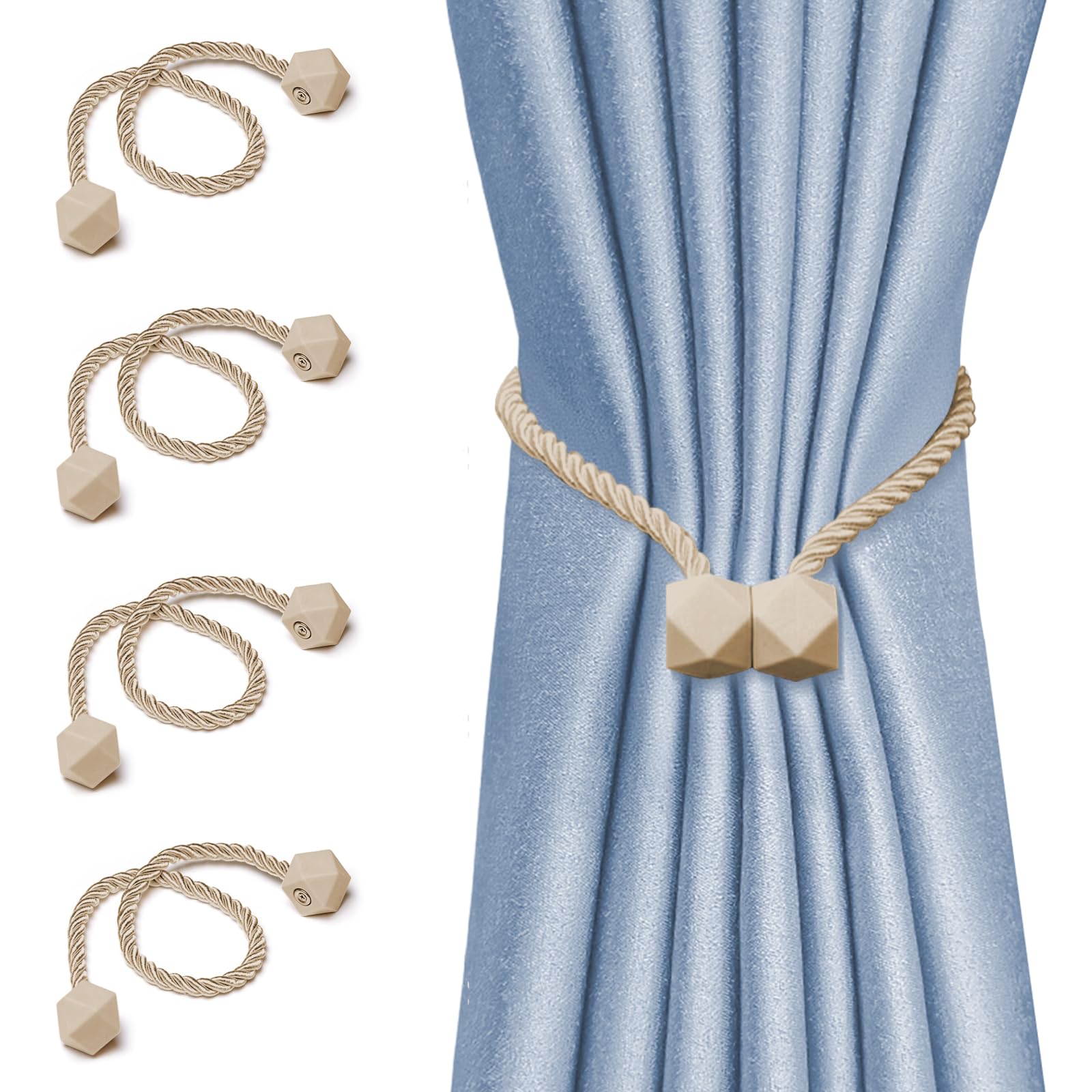 4Pack-Magnetic Curtain Tie Backs - Reinforced Thick Twist Rope with Strong Neodymium Magnets - Decorative Handmade Drapery Holders for Windows