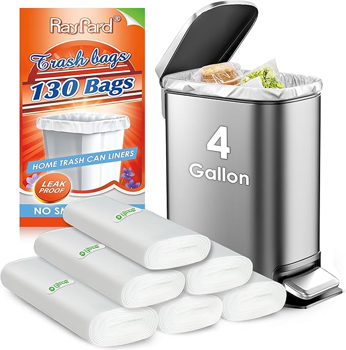 4 Gallon 130 Counts Strong Trash Bags Garbage Bags by RayPard, fit 12-15 Liter, 3,3.5,4.5 Gal trash Bin Liners for Home Office Kitchen Bathroom Bedroom, Clear
