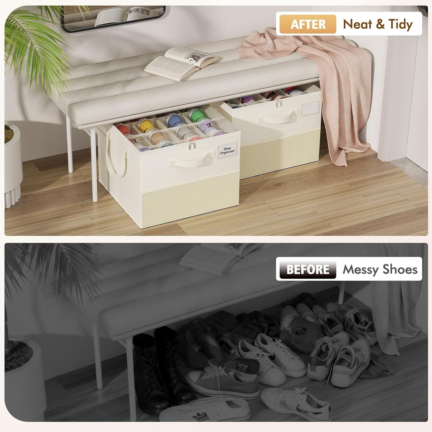2 Pack Shoe Organizer for Closet, Large Shoe Box Storage Containers, Foldable Shoe Storage Organizer Box Bin with Adjustable Dividers and Clear Cover, Space Saving Shoes Holder, Beige
