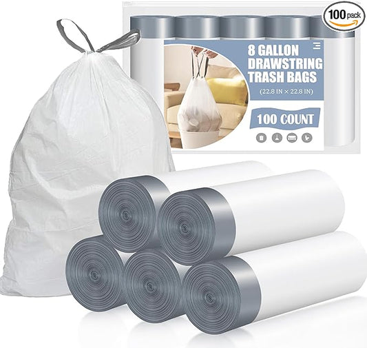 Drawstring 8 Gallon Trash Bags - 100 Count Pre-separated Medium Trash Bags 8 Gallon, Unscented White 8 Gal Garbage Bags