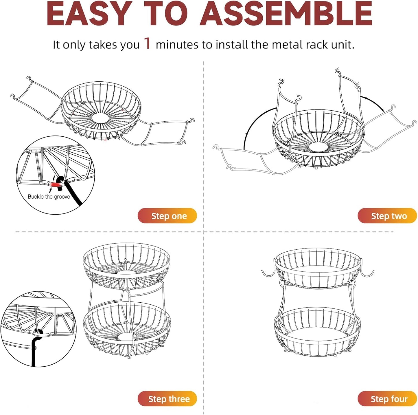 Sevenblue 2 Tier Large Fruit Basket for Kitchen Counter with 2 Banana Hangers, Metal Stackable Fruit Bowl for Kitchen Counter for Bread Vegetable Fruits, Black