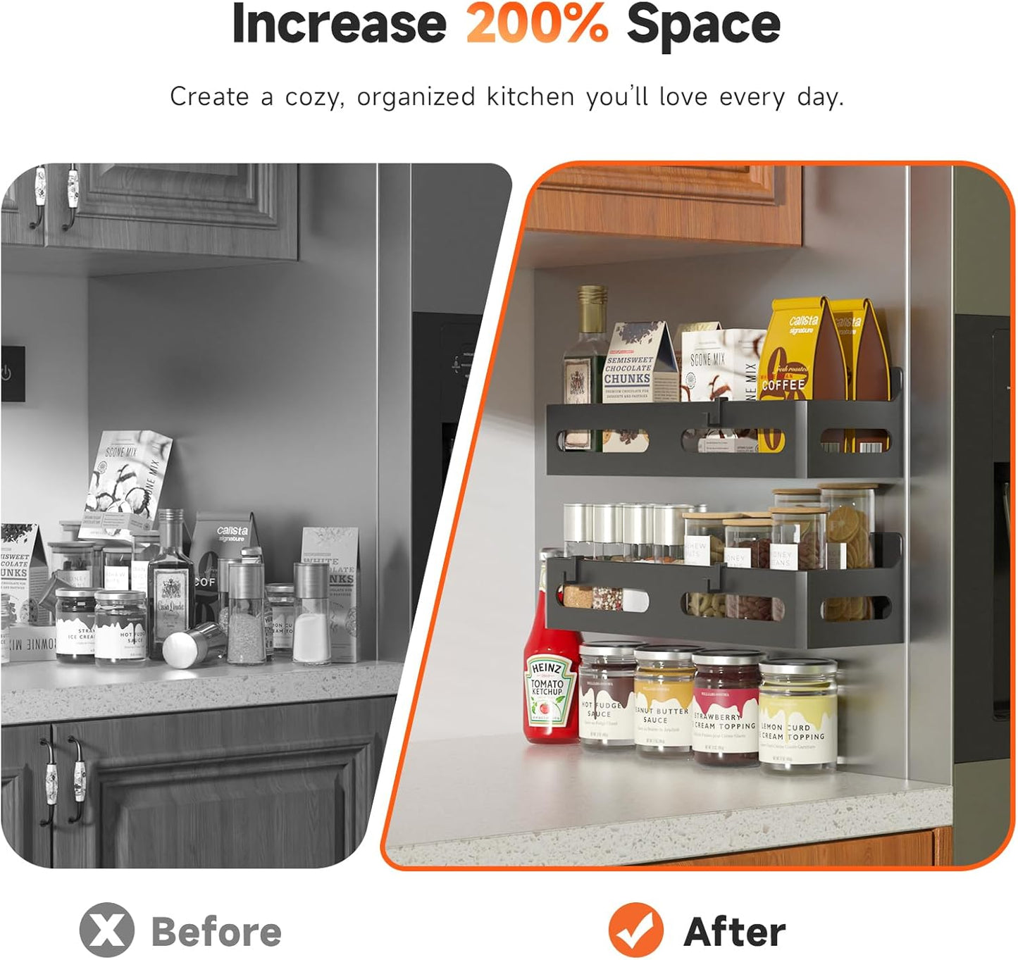 4 Pack Strong Magnetic Spice Rack for Refrigerator, Multipurpose Magnetic Shelf for Fridge with 4 Hooks for kitchen and Bathroom Organization, Black