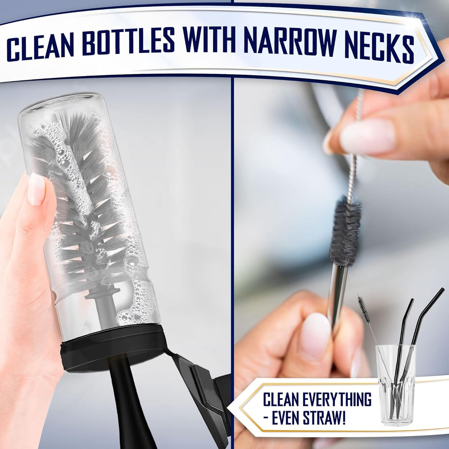 Dish Brush Set of 4 - Kitchen Scrub Brushes with Non-Slip Long Handle for Cleaning, Scrubber, Dishwashing, Dishes, Bottles, Straws, Cups, Pots & Sink, Black