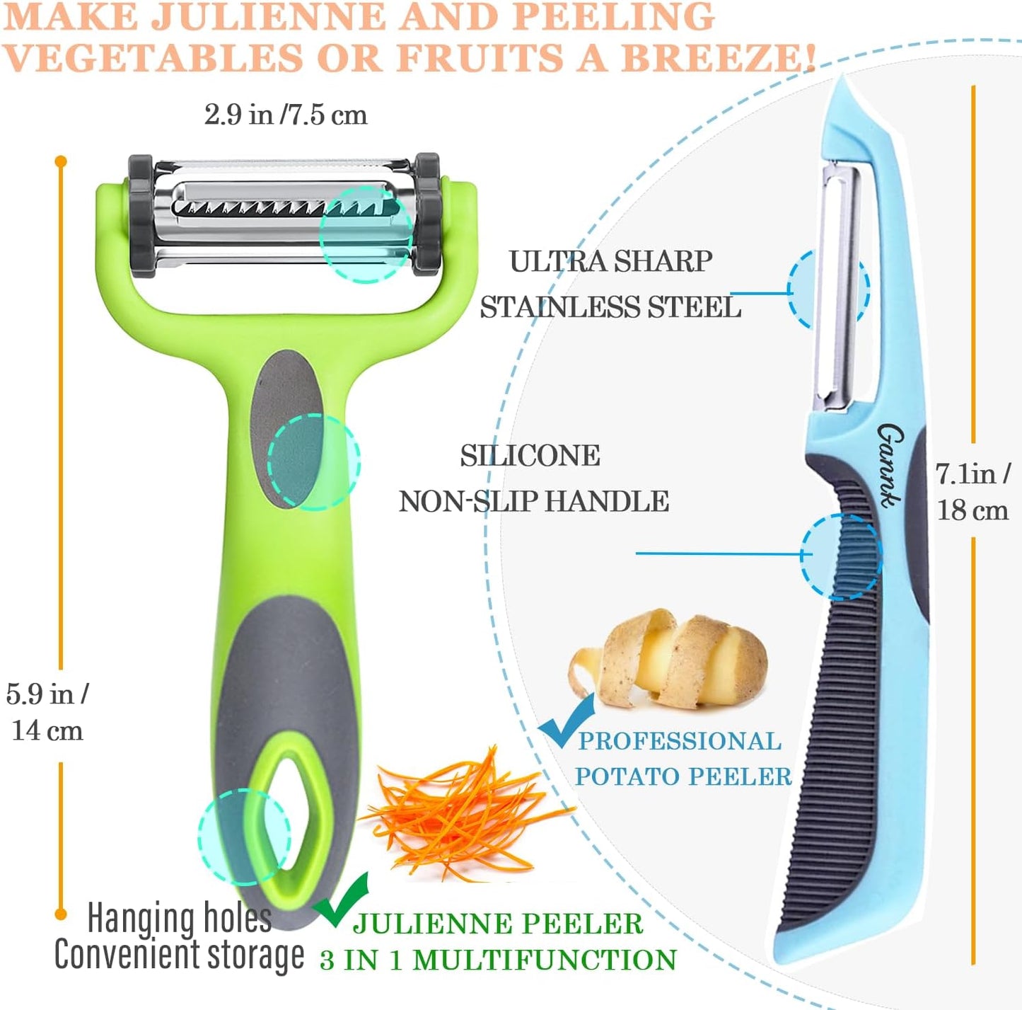 GANNK Potato Apple Vegetable Peelers for Kitchen, I and Y Peelers for Fruit Veggie Potatoes Carrot Cucumber, 3 in 1 Blade Spin Design With Julienne Function