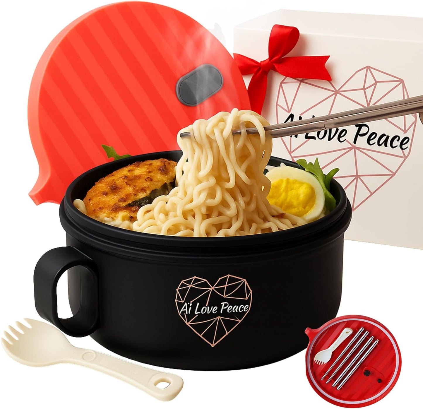 AI LOVE PEACE Microwaveable Ramen Noodle Bowl Cooker 40oz for Ramen, Rice, Pho, Soup, and Pasta, Dishwasher Safe and Portable, Ideal for Home, Office, Dorm, or Gift (Red)