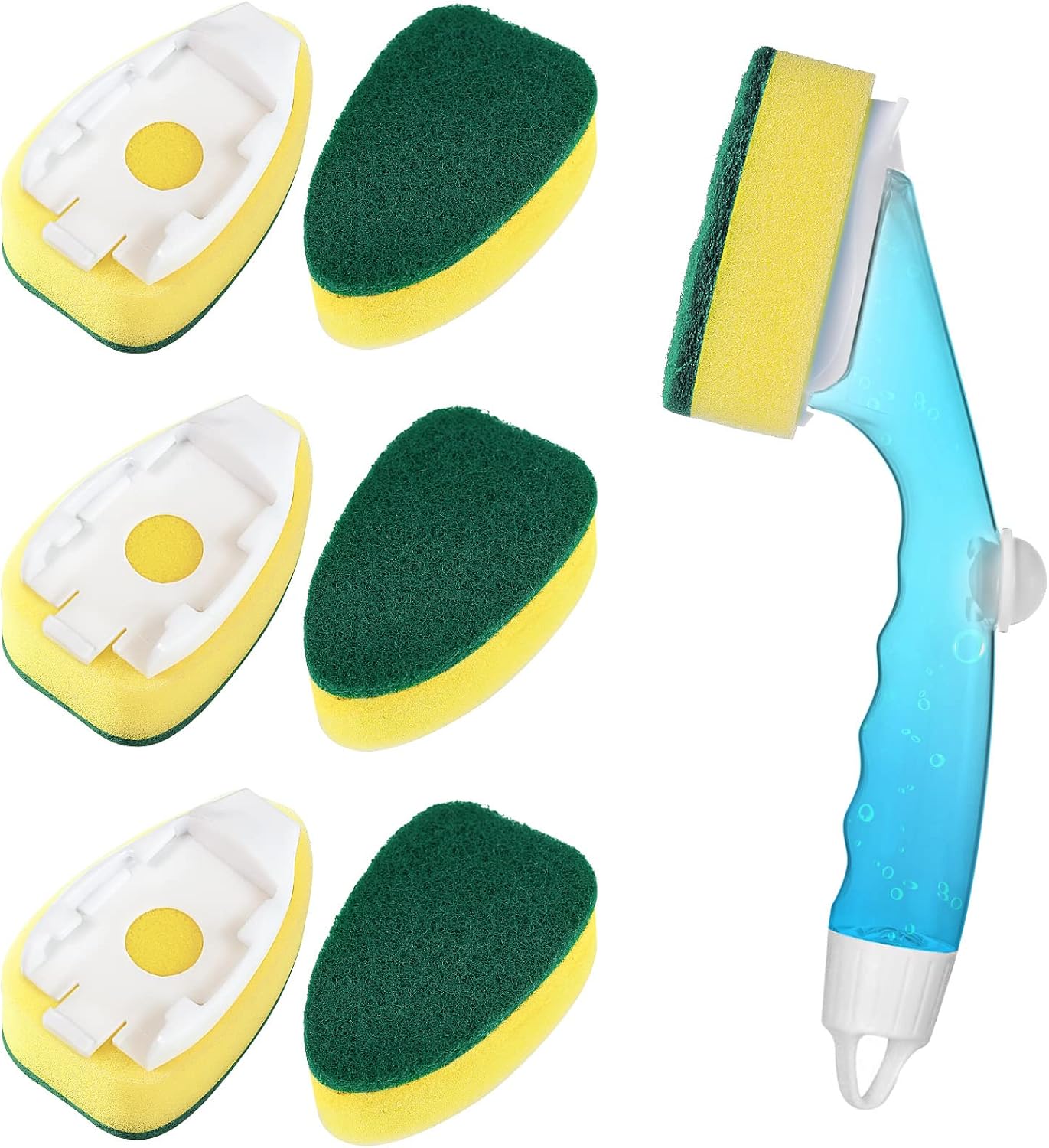 Non Scratch Dishwand Refills Handle, Dish Wand Refill Pack, 6 Heavy Duty Replacement Sponge Heads Set, Soap Dispenser Scrubbers, Dishwashing Scrub Dispensing Brush Pads, Dishwasher Cleaning Tool kit