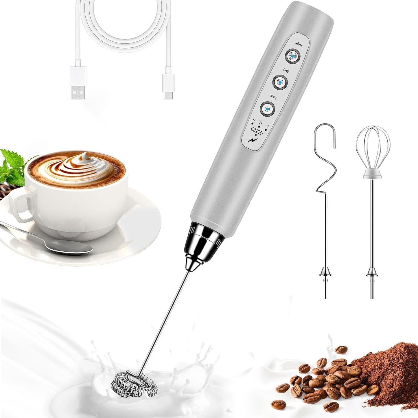 YUSWKO Black Handheld Milk Frother Wand for Coffee, Rechargeable Electric Whisk with 3 Heads 3 Speeds Drink Mixer Coffee Frother For Latte, Cappuccino, Hot Chocolate, Egg