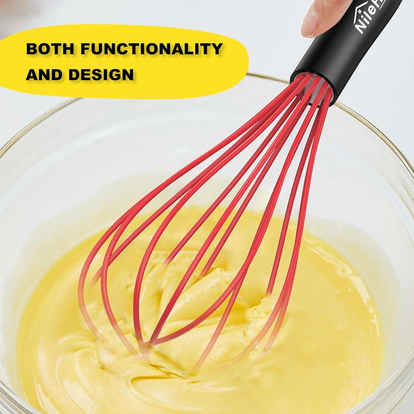 NileHome Silicone Whisk Set 8" 10" 12", 3 Pack Kitchen Whisk Kitchen Wisk Wire Whisks for Cooking, Whisking, Blending, Beating, Stirring-Red