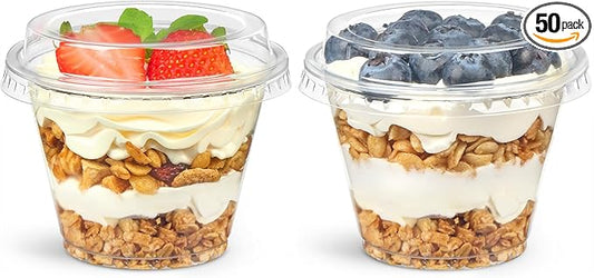 50 Pack 6 oz Plastic Dessert Cups with Lids, Small Plastic Yogurt Parfait Cups, Mini Round Party Serving Cup for Pudding, Fruit, Cake, Appetizer, Dessert Shot Glasses