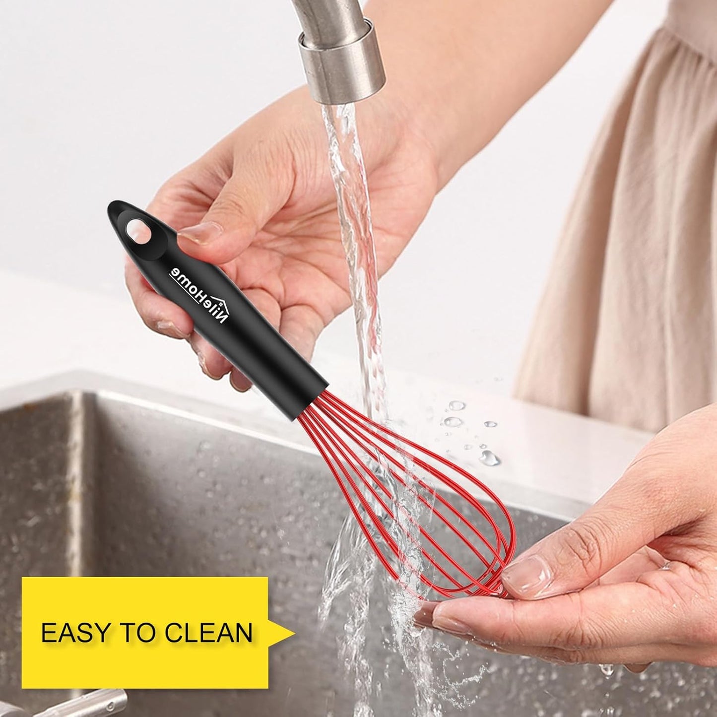 NileHome Silicone Whisk Set 8" 10" 12", 3 Pack Kitchen Whisk Kitchen Wisk Wire Whisks for Cooking, Whisking, Blending, Beating, Stirring-Red