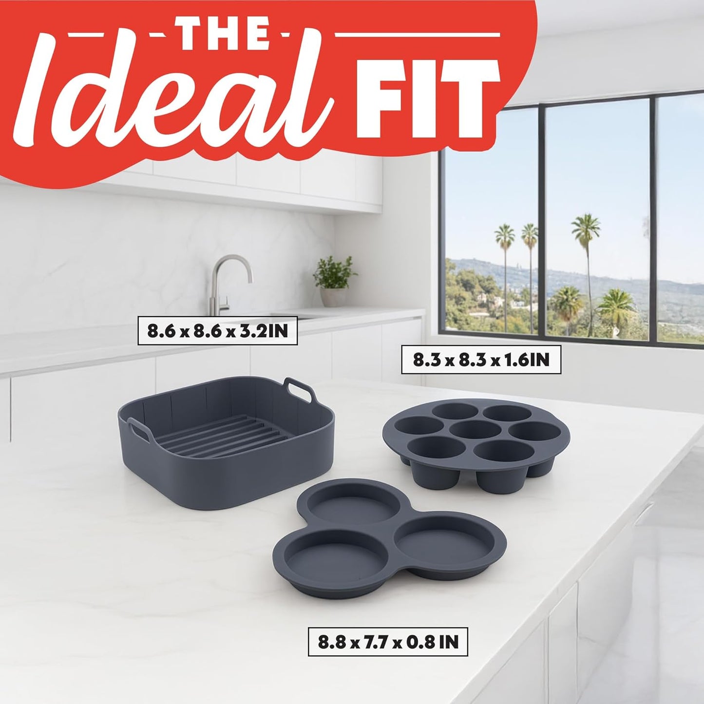 Gourmia Air Fryer Accessories Set - 3 Piece Silicone, Liner, Egg Bite Cooker, 7-Hole Cupcake Mold, BPA-Free, Nonstick, Heat Resistant 445°F, Dishwasher Safe, Food Grade