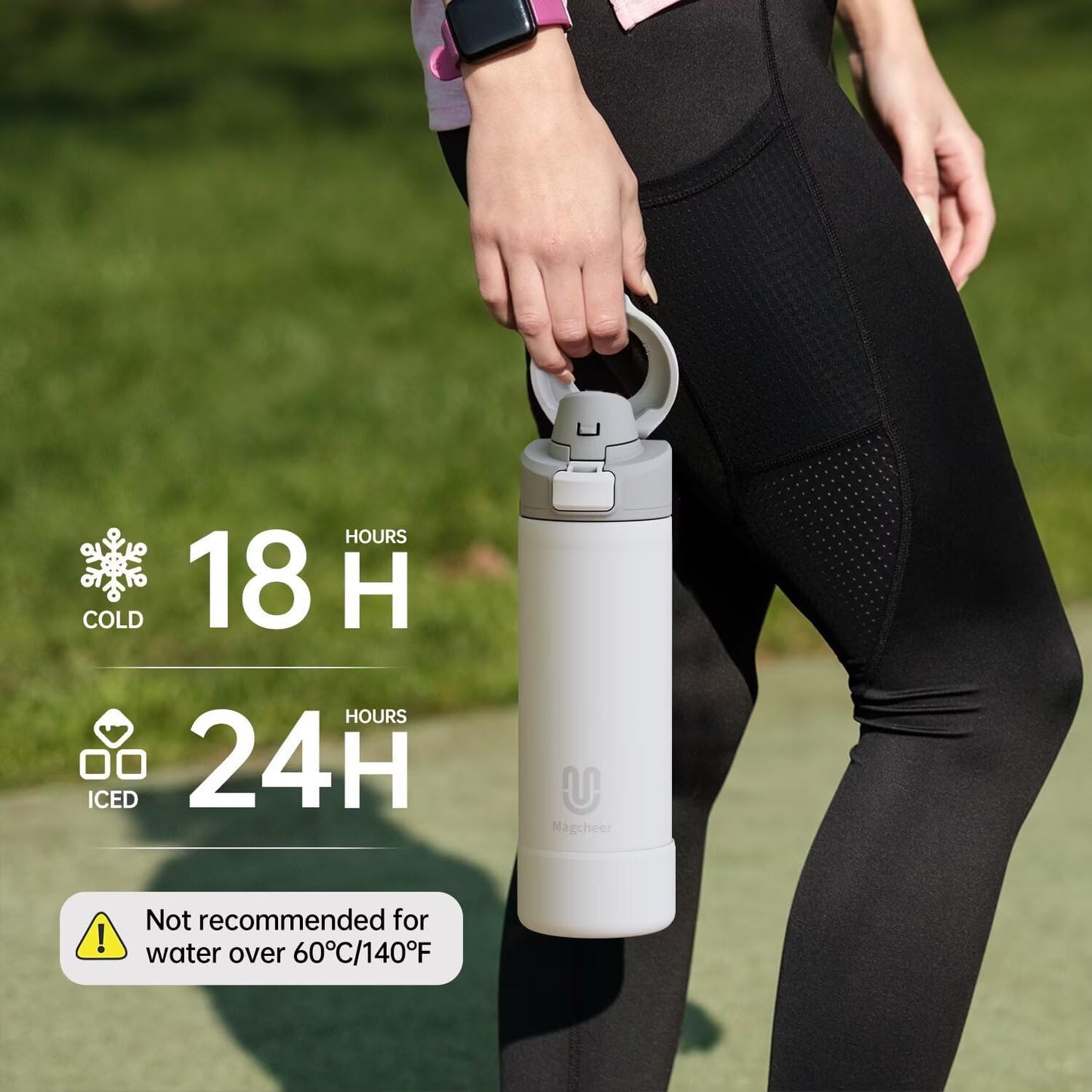 Insulated Magnetic Water Bottle - Reusable Stainless Steel Bottle with MagSafe Compatible Phone Holder - Keeps Cold for 24 Hours - Perfect for Gym, Sports, and Travel - White 24oz