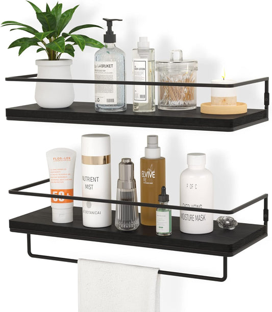 ZGO Floating Shelves for Wall Set of 2, Wall Mounted Storage Shelves with Black Metal Frame and Towel Rack for Bathroom, Bedroom, Living Room, Kitchen, Office (Black)