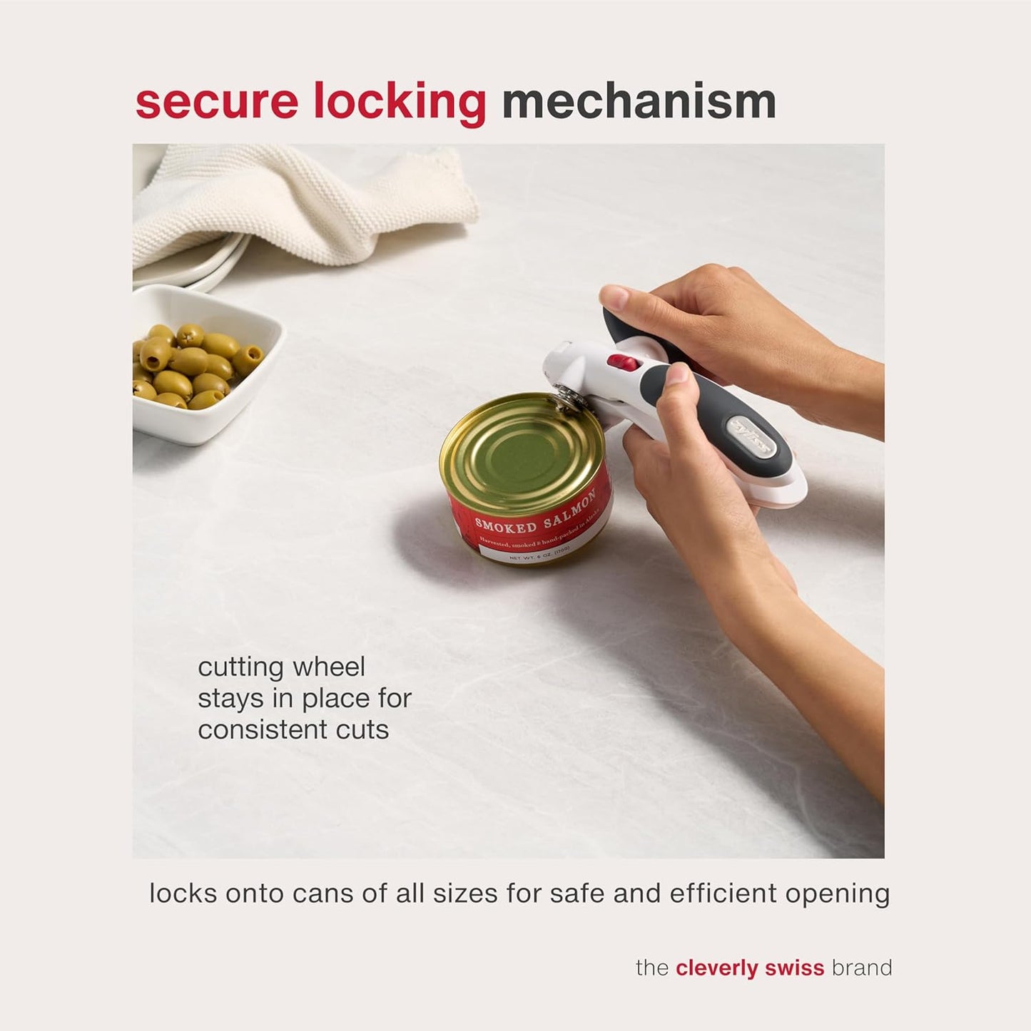 Zyliss Lock N' Lift Can Opener with Lid Lifter Magnet - Manual Opener with Locking Mechanism - Easy-to-Turn - Magnetic Can Opener - White/Gray