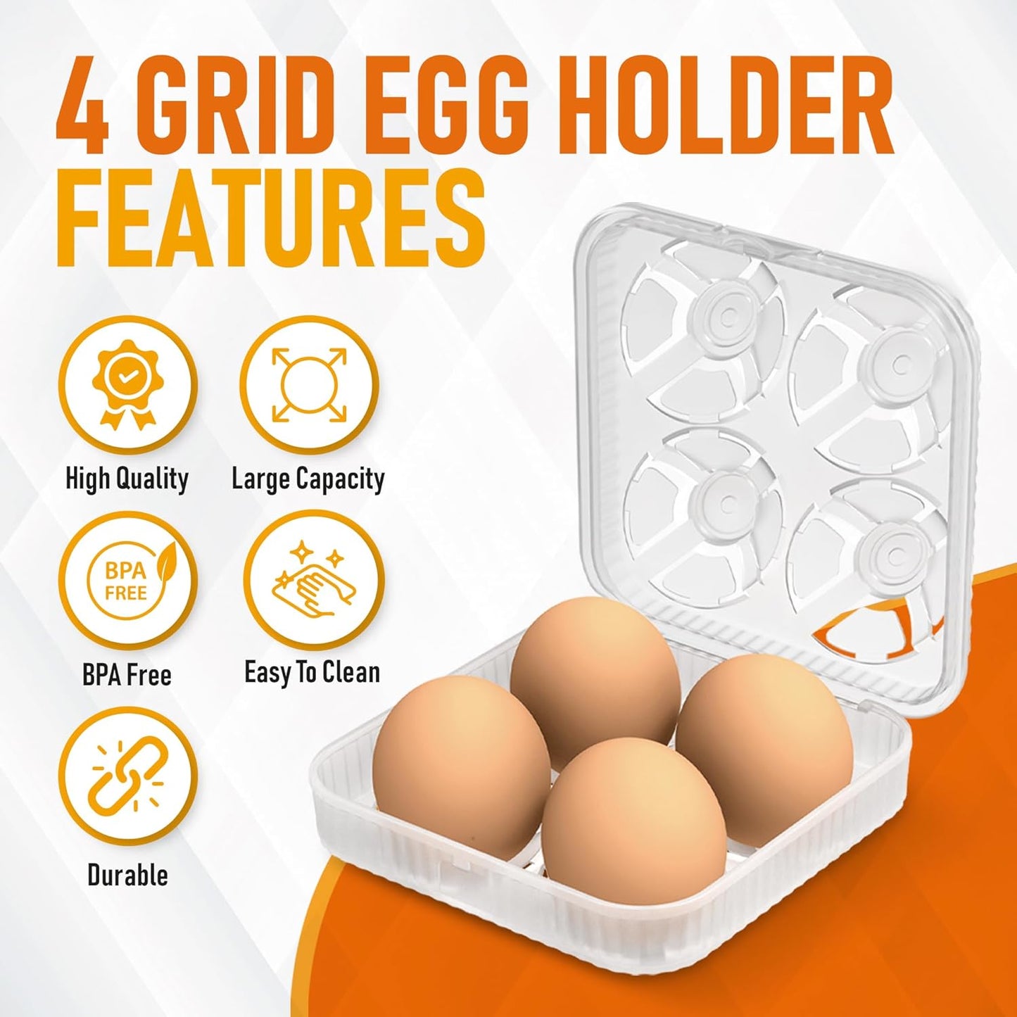 ZPU Egg Holder Camping, 1Pcs 4 Grid Egg Container, Plastic Egg Carrier for Camping Picnic Travel Outdoor Refrigerator Kitchen, Clear White