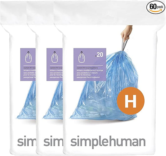 simplehuman Code H 60 Count, Genuine Custom Fit Liners, Drawstring Trash Bags in Dispenser Packs, 30-35 Liter / 8-9.2 Gallon, Blue