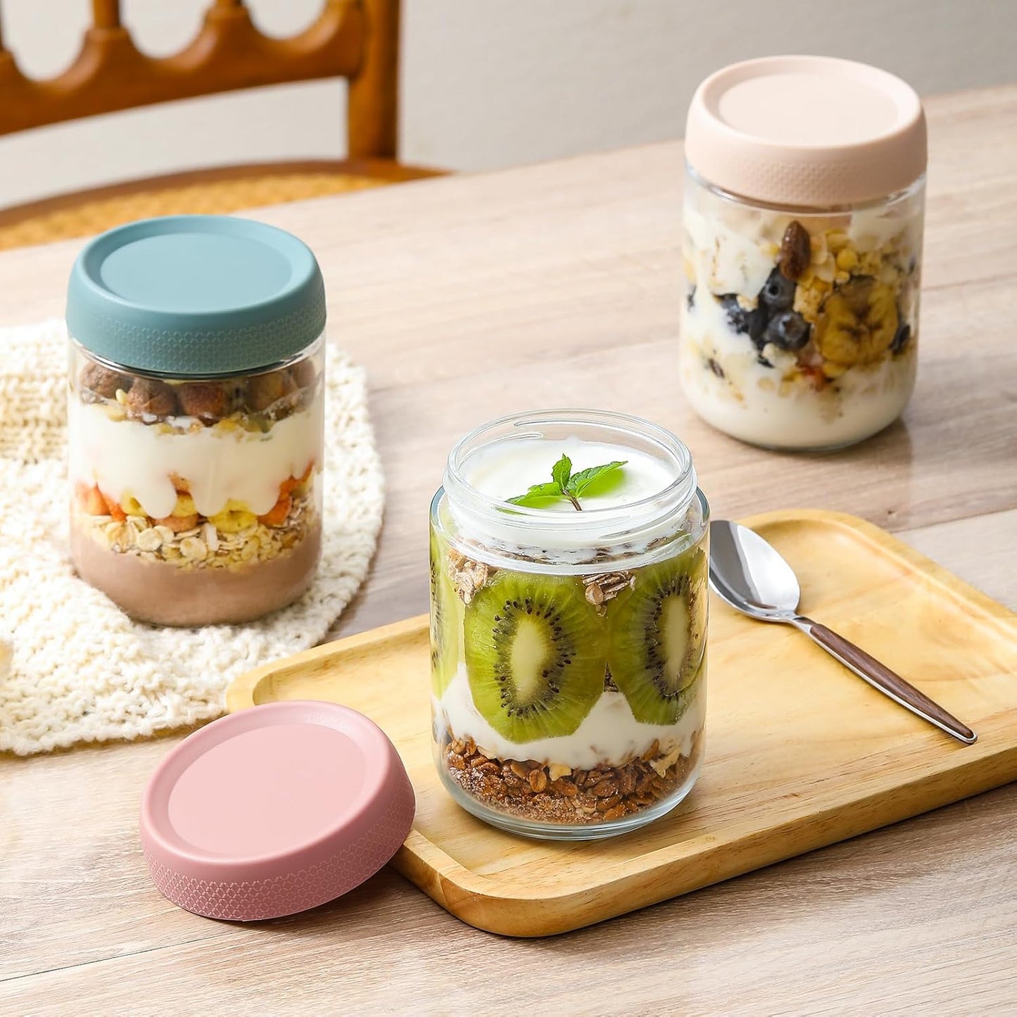 6-pack 16 oz Overnight Oats Containers with Lids, Glass jars with Airtight Lids, Wide mouth Mason Salad jars, Glass Food Storage Containers for Snacks Yogurt Spice Sugar
