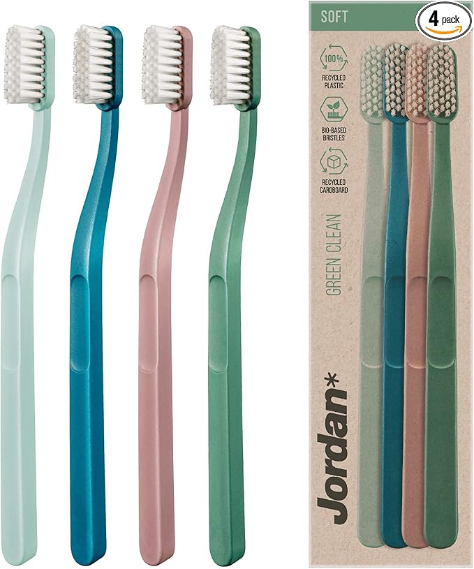 Jordan* ® | Green Clean Manual Toothbrush | Sustainable, Scandinavian Design, Soft Bristles, Mixed Colors | 4 Units