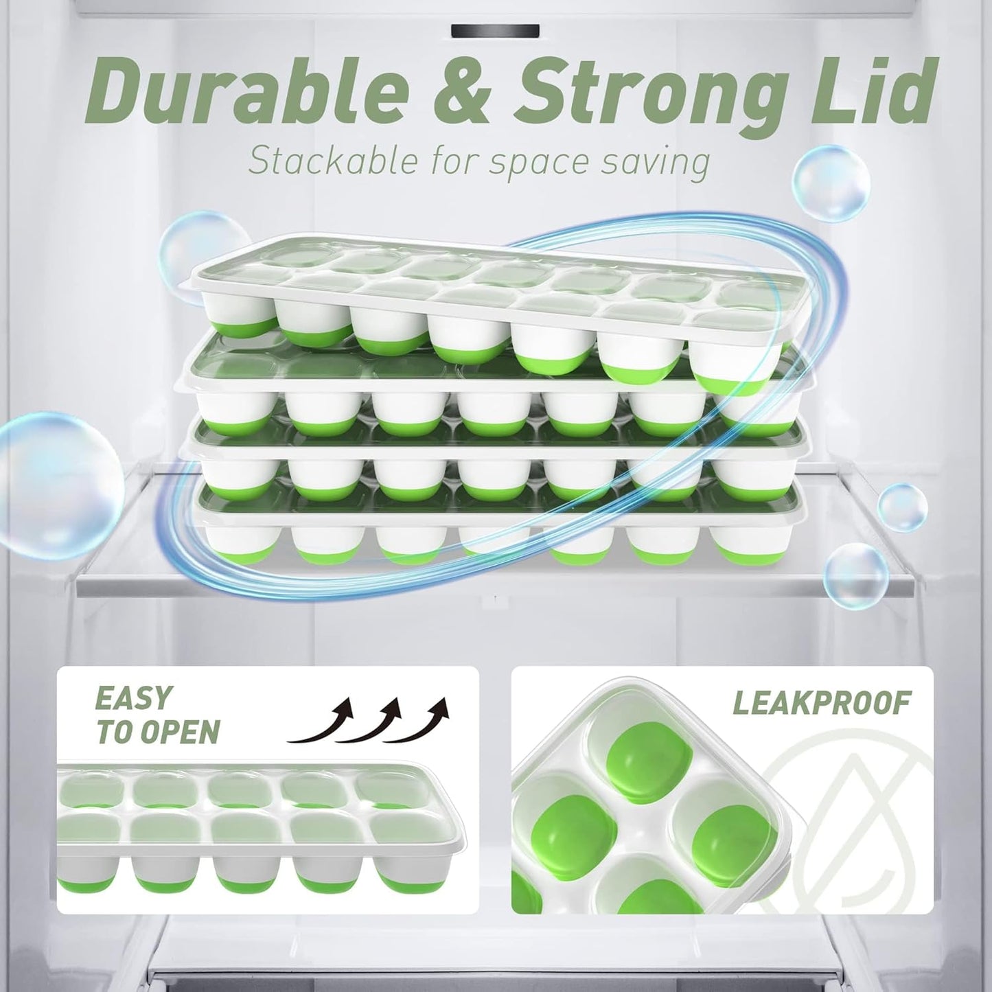 Ice Cube Tray with Lid, 4 Packs 56 Cubes Durable Stackable Ice Cube Trays for Freezer with Removable Lids, Easy-Release Plastic & Silicone Ice Tray for Cocktail, Coffee