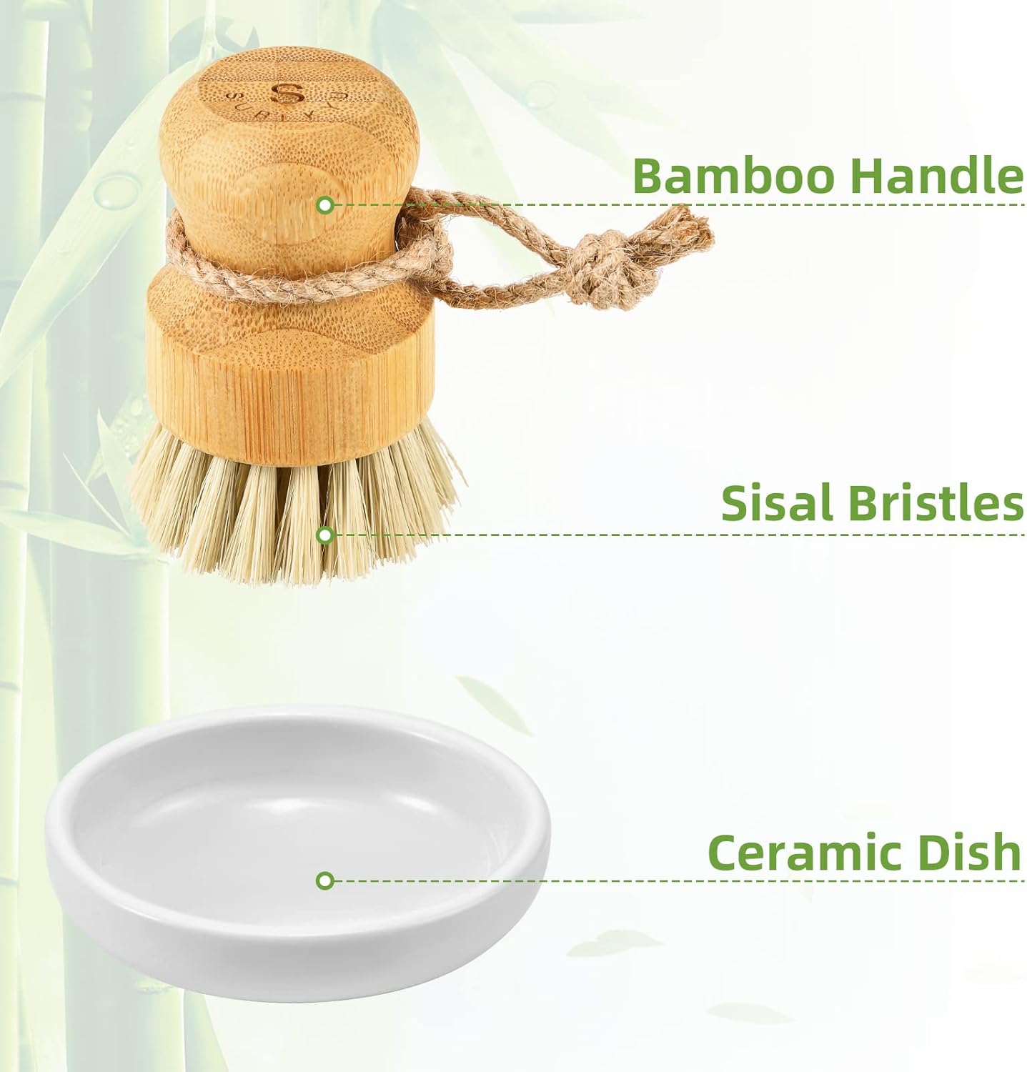 SUBEKYU Bamboo Dish Scrub Brush for Kitchen Sink, Natural Wooden Washing Dish Brush Scrubber with Sisal Bristles for Household Cleaning, Cast Iron Pots, Pans and Vegetables