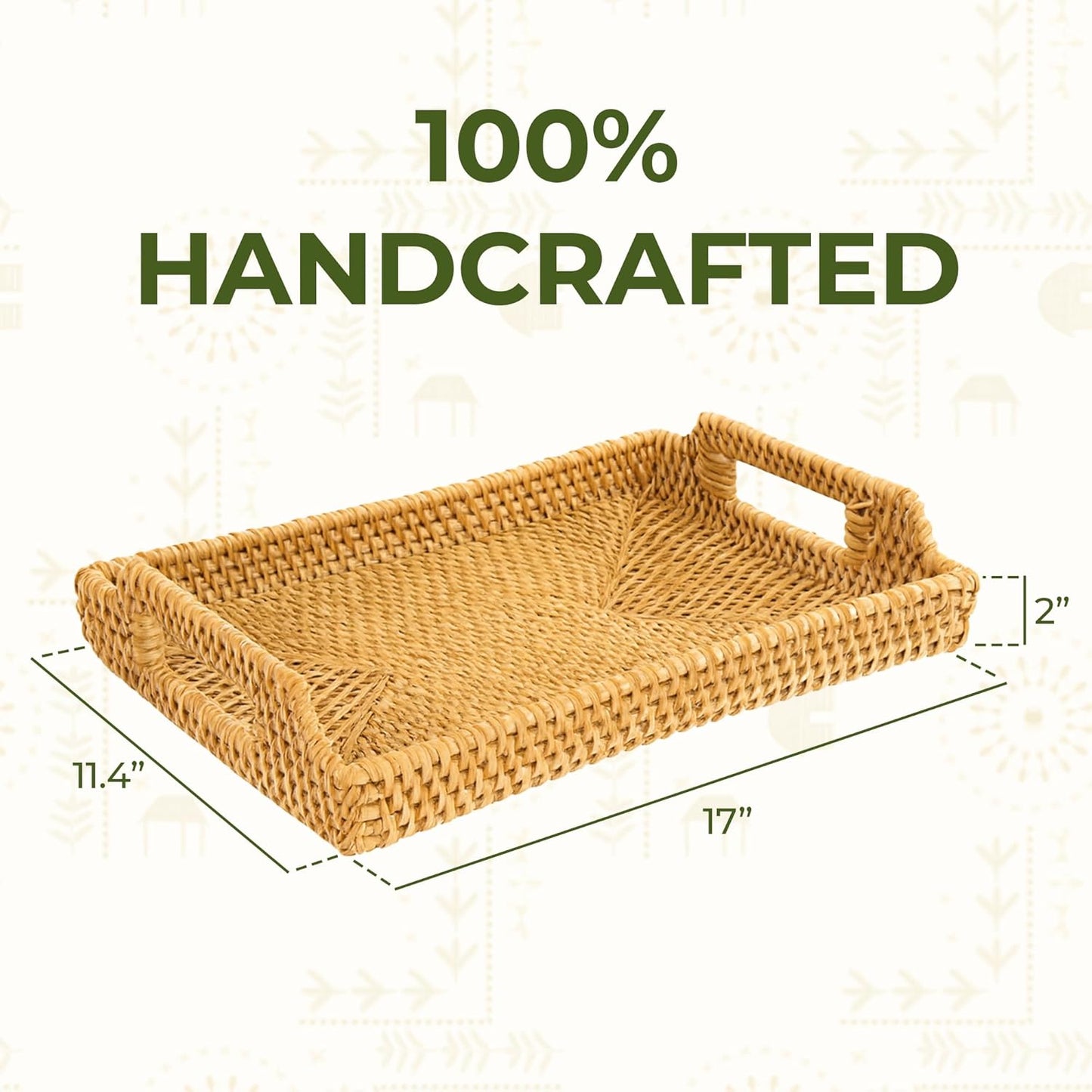 Rattan Serving Tray with Handles (11.4 x 16.9 x 2 in) – Handwoven Wicker Tray for Coffee Table, Breakfast, Ottoman & Home Decor, Natural Woven Tray