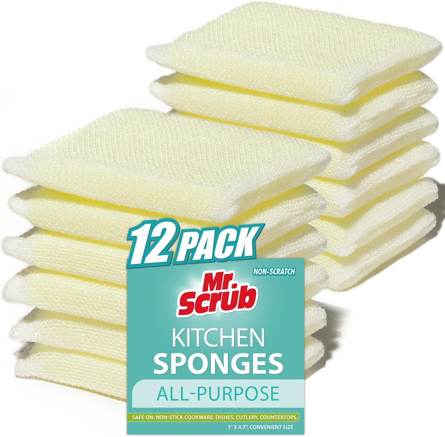 Mr. Scrub All-Purpose Sponges, Non Scratch, for Washing and Cleaning Dishes, Premium Scrub and Scrubbers, 12 Pads, Ideal for Kitchen, Bathroom