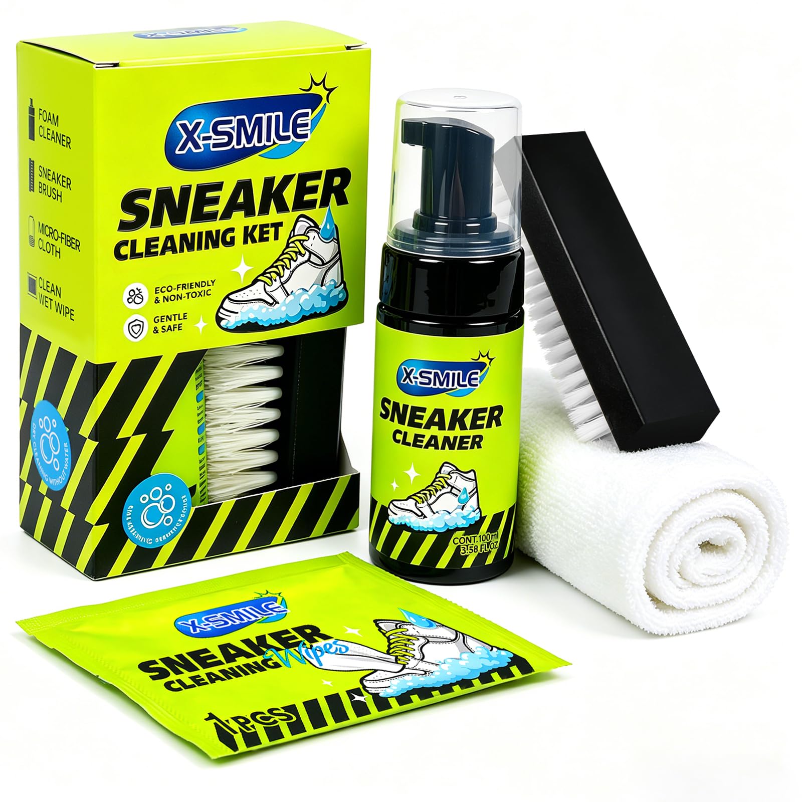 X-SMILE Sneaker Cleaning Kit, Foam Cleaner for White Shoes, PU & Synthetic, Canvas, Mesh & Rubber, Brush, Towel & Wipe 100ml