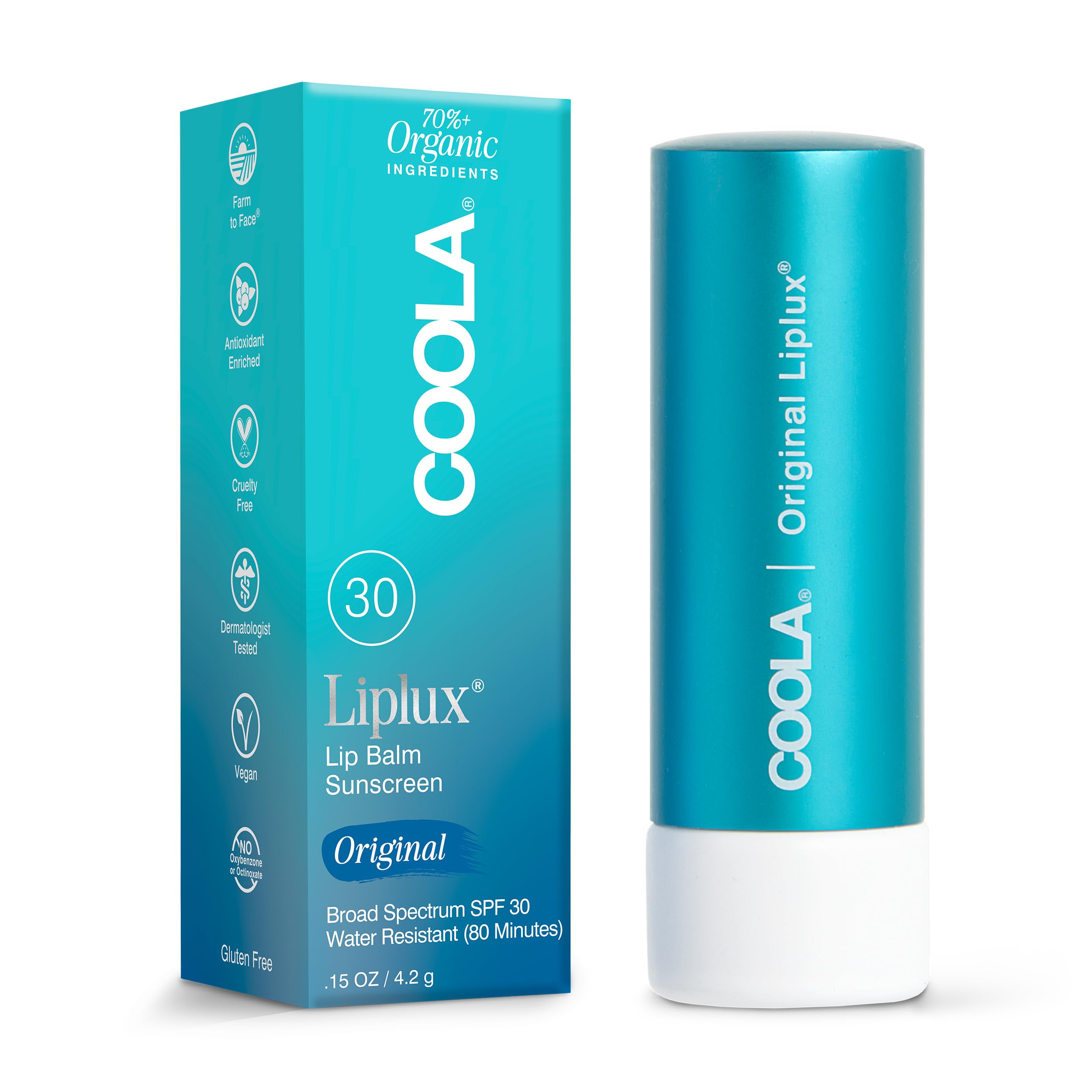 COOLA Organic Liplux Lip Balm and Sunscreen with SPF 30, Dermatologist Tested Lip Care for Daily Protection, Vegan and Gluten Free, 0.15 Oz