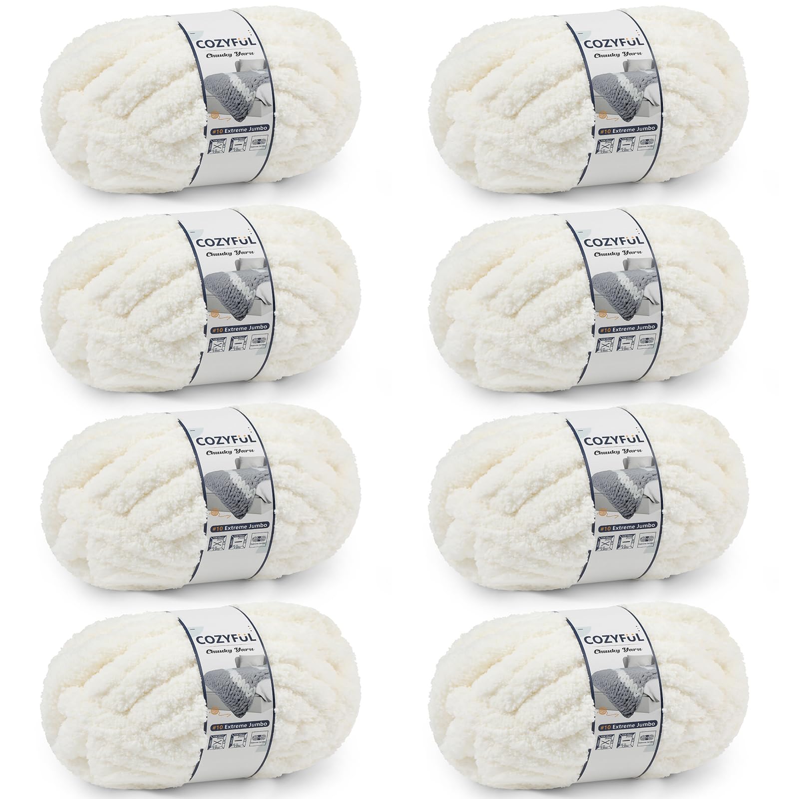 Cozyful Chunky Yarn for Hand Knitting - #10 Chunky Chenille Yarn, Jumbo Big Thick Chunky Yarns for Crocheting, Super Bulky Chunky Knit Blanket Yarns, 8 Skein (22 yds 8 oz Each Skein), Cream