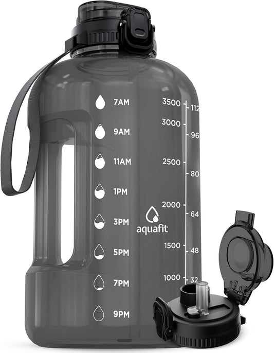 AQUAFIT 1 Gallon Water Bottle with Time Marker - Straw & Chug Lid - BPA Free Gym Water Bottle with Straw - Big Gallon Jug (Gray, 128 oz - 2in1 Lid)