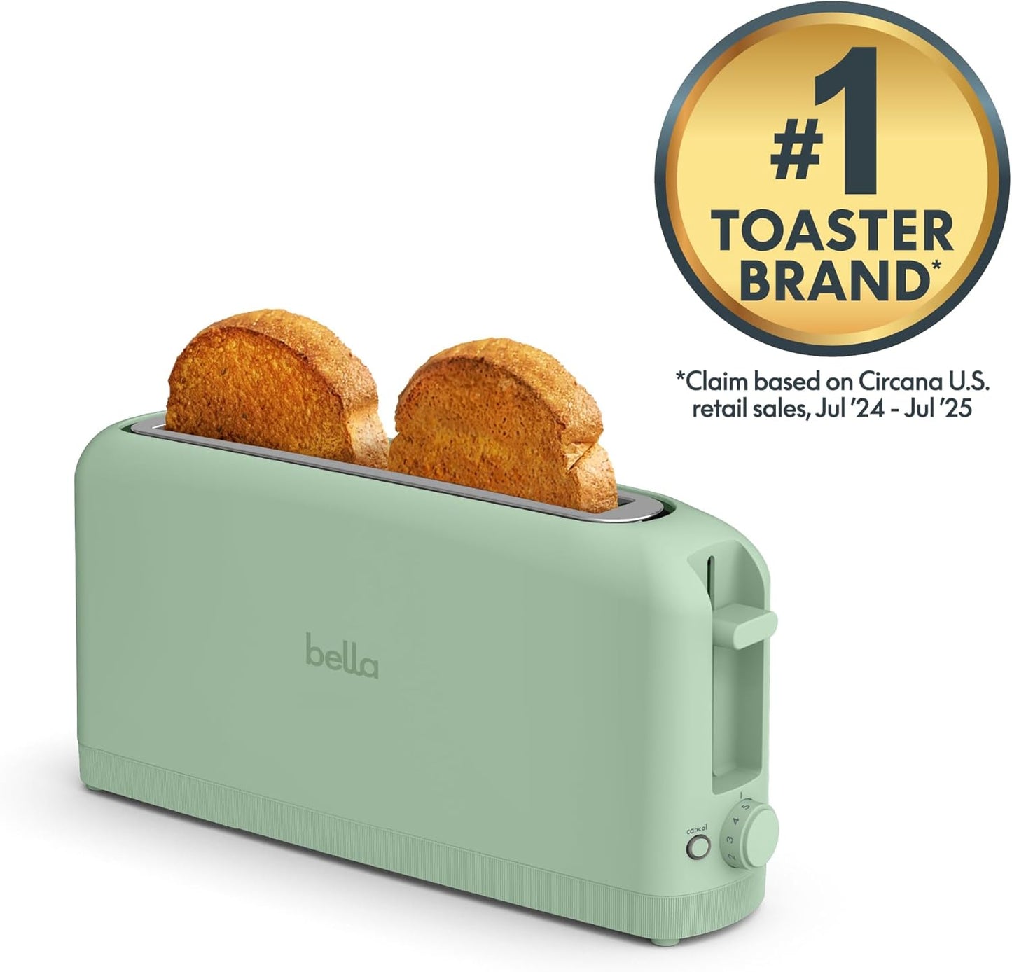 bella 2 Slice Slim Toaster, Fits-anywhere™ Kitchenware, 6 Setting Shade Control with Reheat & Cancel Buttons, Fits Sourdough, 10” Long Slot, Anti Jam & Auto Shutoff, 900 Watt, Seaglass