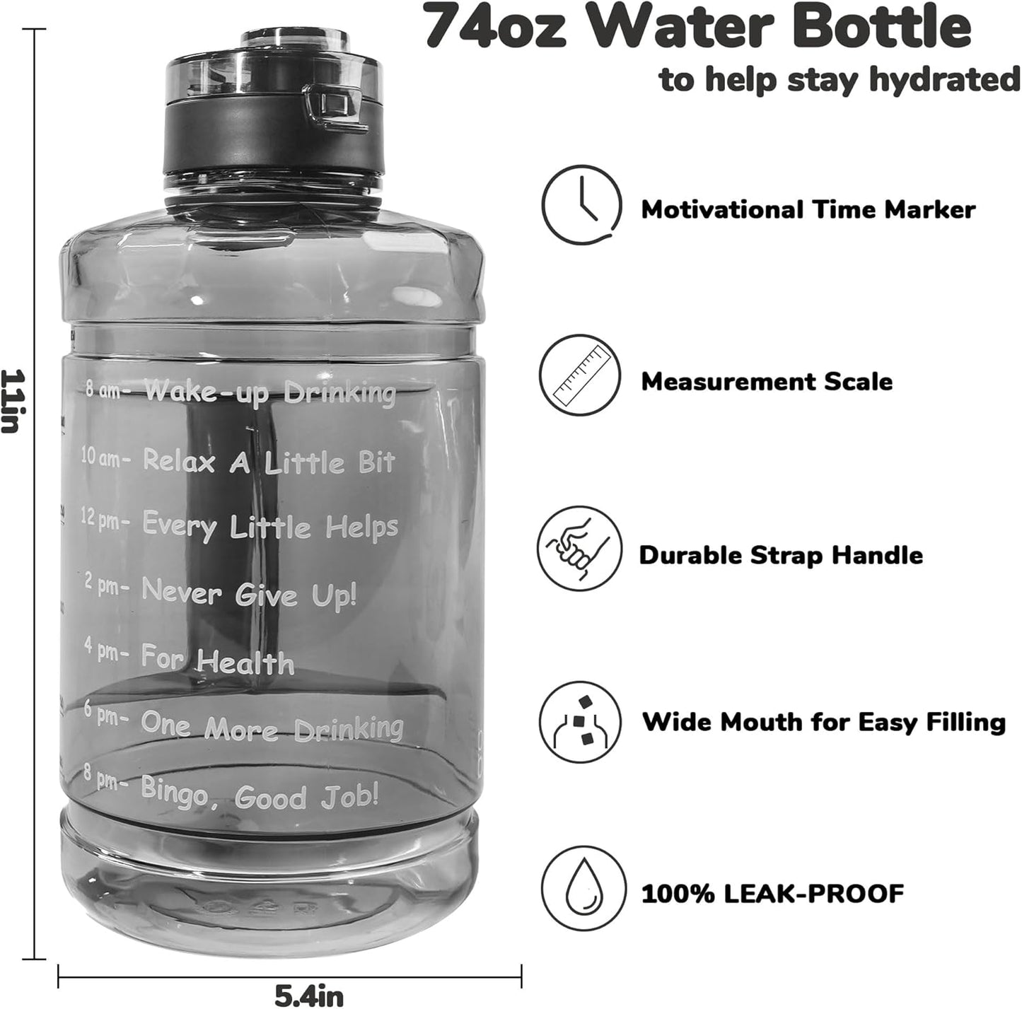 Large Water Bottle with Motivational Time Marker, 74oz Water Jug with Handle Leak-Proof, Clear Sport half gallon water Bottle for Gym Camping Workout Outdoors