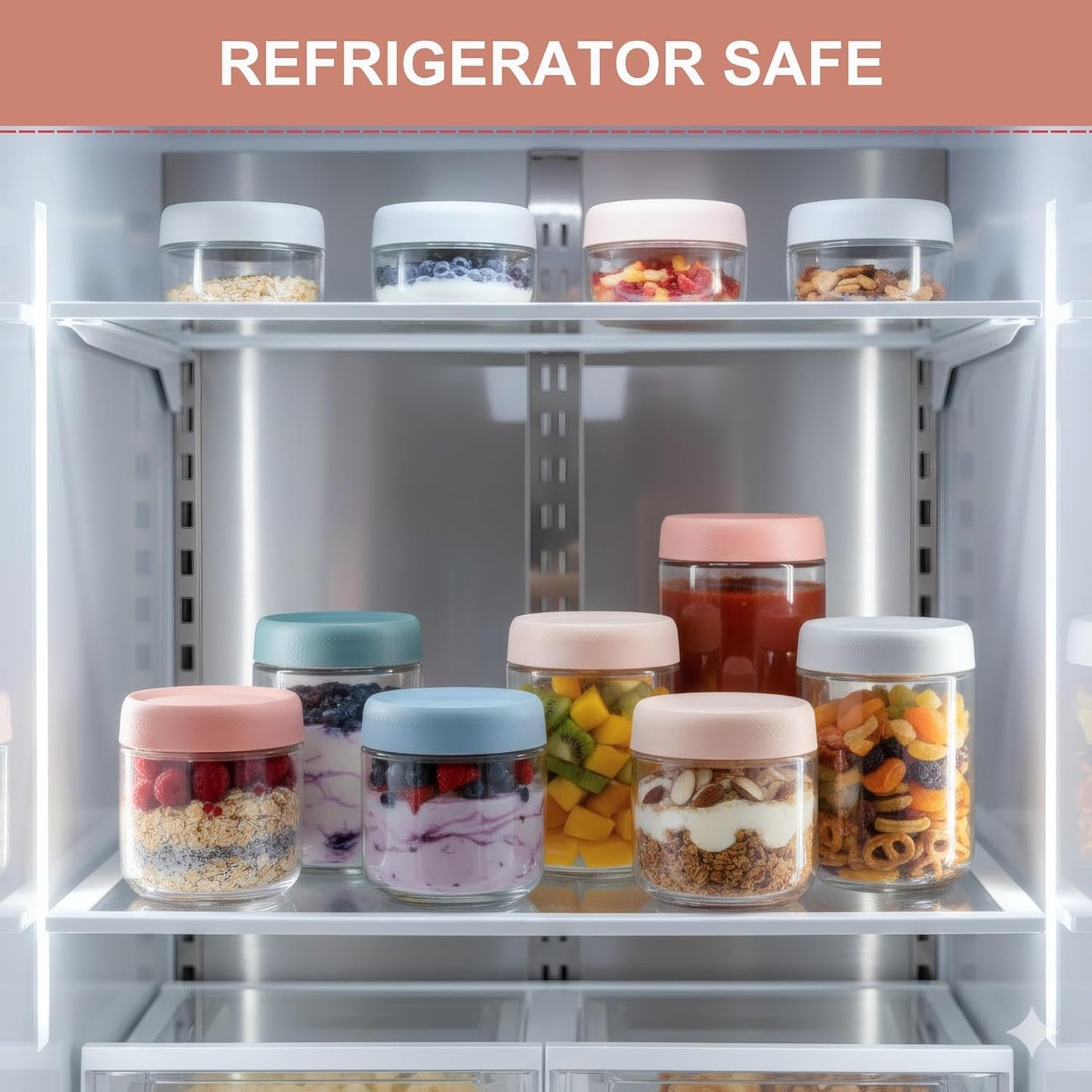 CATIFLIN 6-Pack Overnight Oats Containers with Lids, 16oz & 10oz Glass Mason Jars, Airtight Wide-Mouth Food Storage Containers for Meal Prep, Yogurt, Salad, Snacks, Chia, and Baby Food