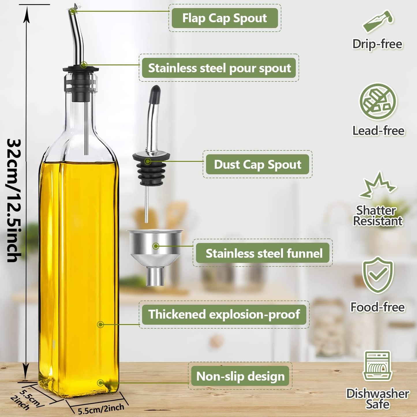 Leaflai 17oz Olive Oil Dispenser Bottle, 500ml Oil & Vinegar Cruet with 2 Stainless Steel Pourers, 2 Labels,1 Brush and 1 Funnel for Kitchen