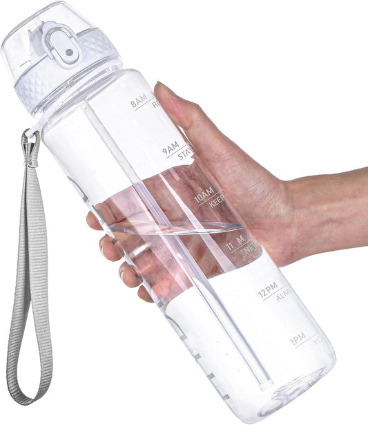 GOPPUS Water Bottle Clear Water Bottle with Straw 32oz Plastic Water Bottles BPA Free Tritan Wide Mouth Bottle Leakproof Motivational bottles water for Gym,Hiking,School or Office(1 Bottles)