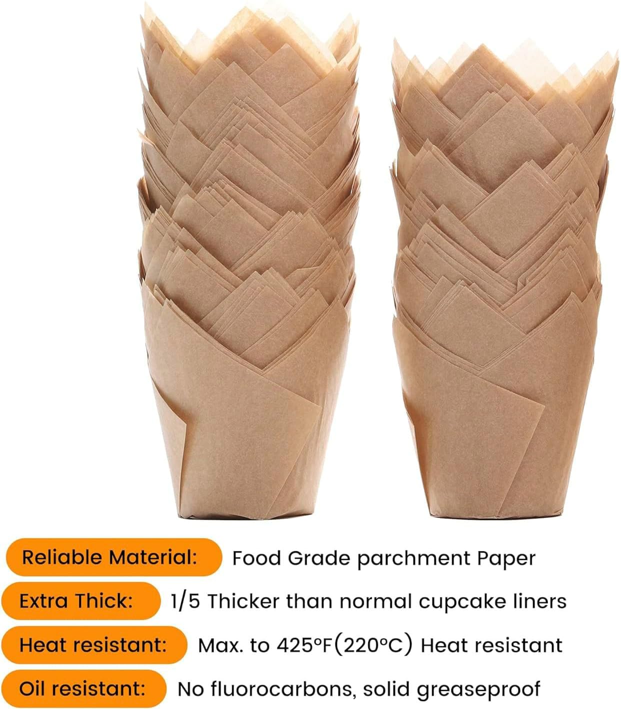 Bake Choice 200pcs Natural Tulip Cupcake Liners for Baking Cups Unbleached European Parchment paper Tulip Muffin Liners, Cupcake Wrapper for Party, Christmas
