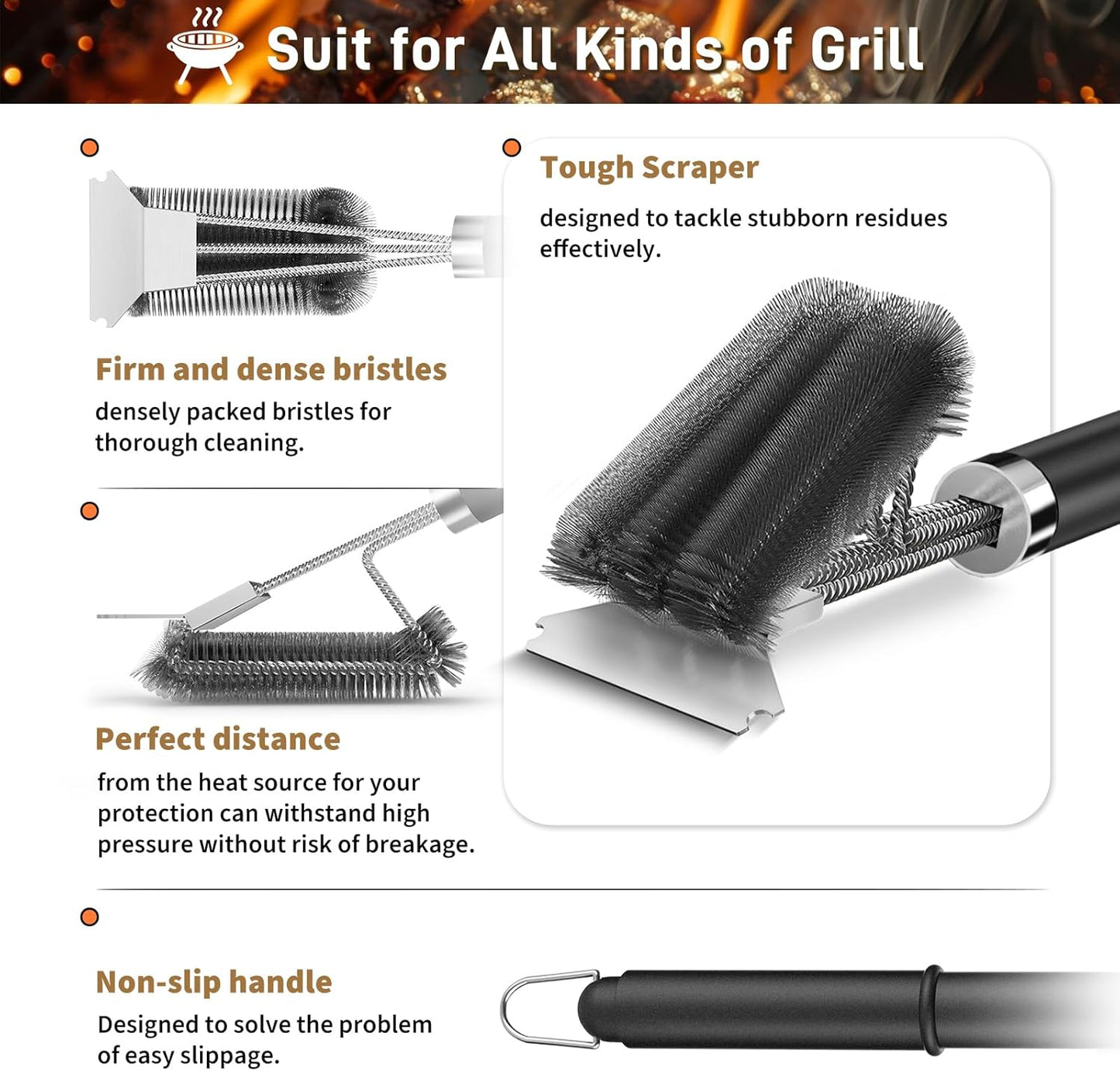 TNTOR Grill Brush with Scraper, 18" Adjustable Handle BBQ Grill Brush for Outdoor Grill, Extra Strong Grill Cleaner Accessories for Grill/Smoker/Gas/Charcoal Grill Cleaning-Grill Gifts for Men/Dad