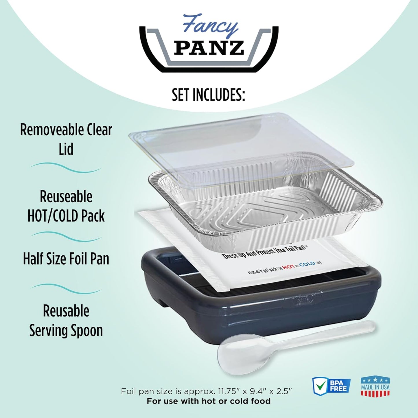 Fancy Panz - Aqua Premium Aluminum Foil Pan Carrier with Lid & Hot/Cold Pack - Elevated Food Serving Tray - Portable Casserole Carrier with Lid - Made in the USA Hosting Essentials