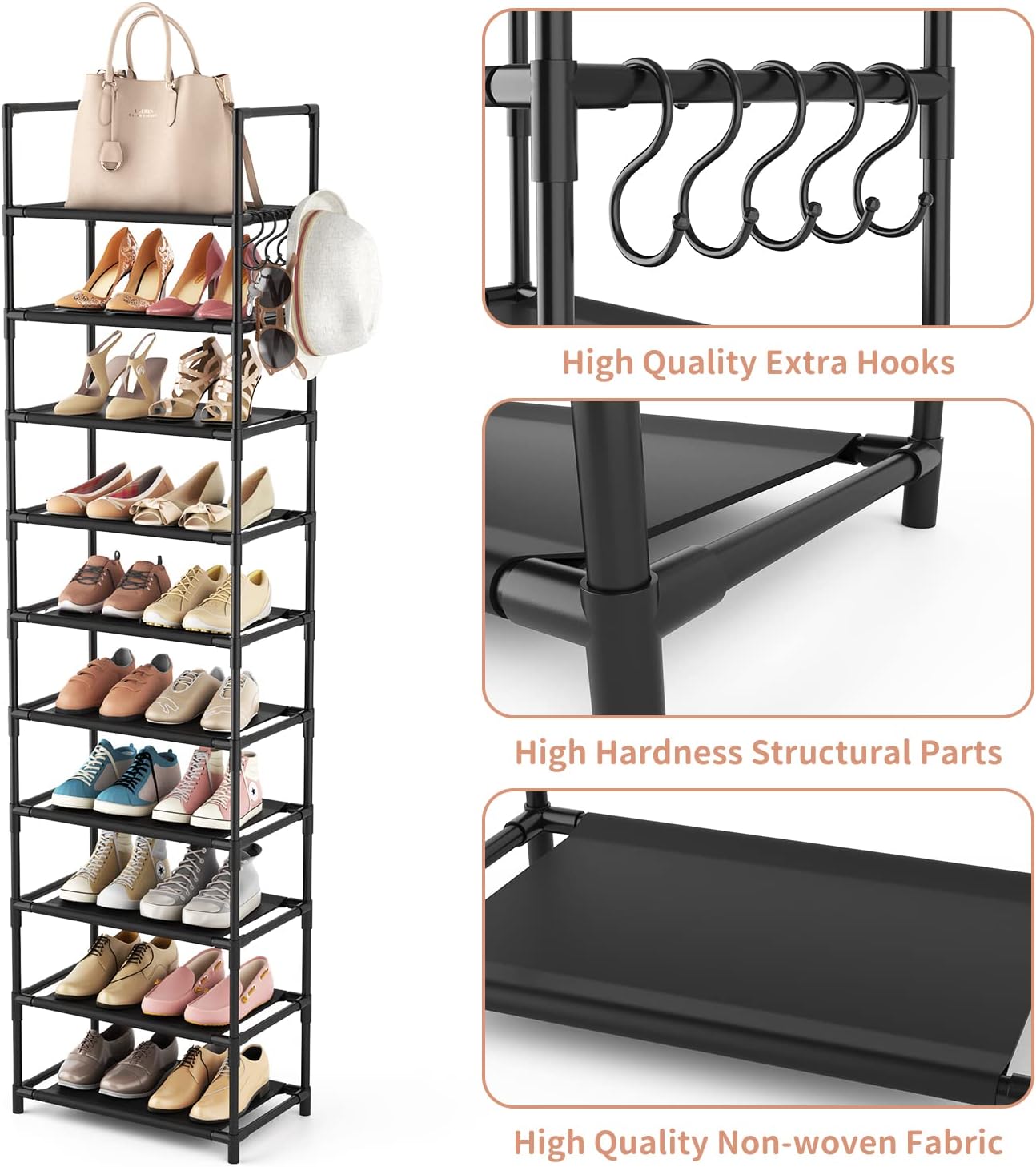 10 Tiers Tall Shoe Rack 20-25 Pairs Boots Organizer Storage Sturdy Narrow Shoe Shelf for Entryway, Closets with Hooks, Black