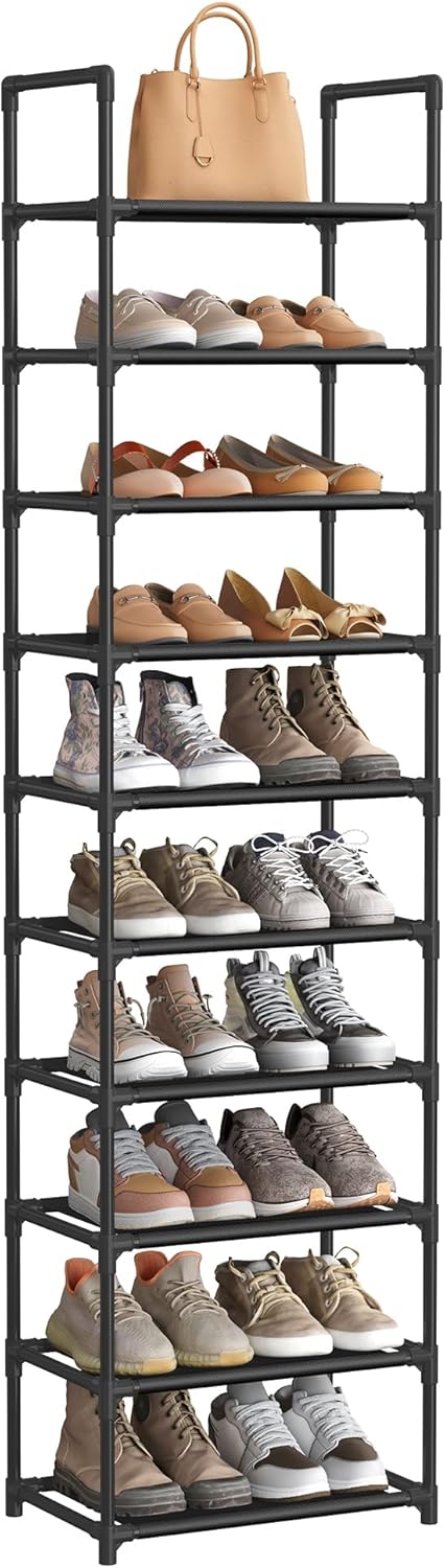 SONGMICS Shoe Rack, 10-Tier Shoe Shelf, Shoe Storage Organizer, 11 x 17.7 x 68 Inches, Metal Frame, Non-Woven Fabric Shelves, for Entryway, Bedroom, Black ULSH010B02