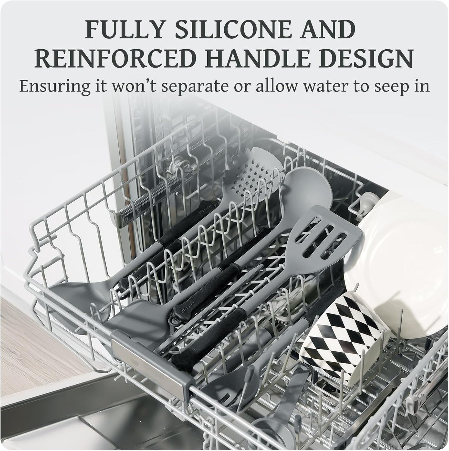 Kikcoin 43Pcs Large Kitchen Utensils Set - Silicone Cooking Utensils Set, Dishwasher Safe Spatula Set for Non-stick Cookware, 446°F Heat Resistant Kitchen Utensils Set with Holder BPA Free, Grey