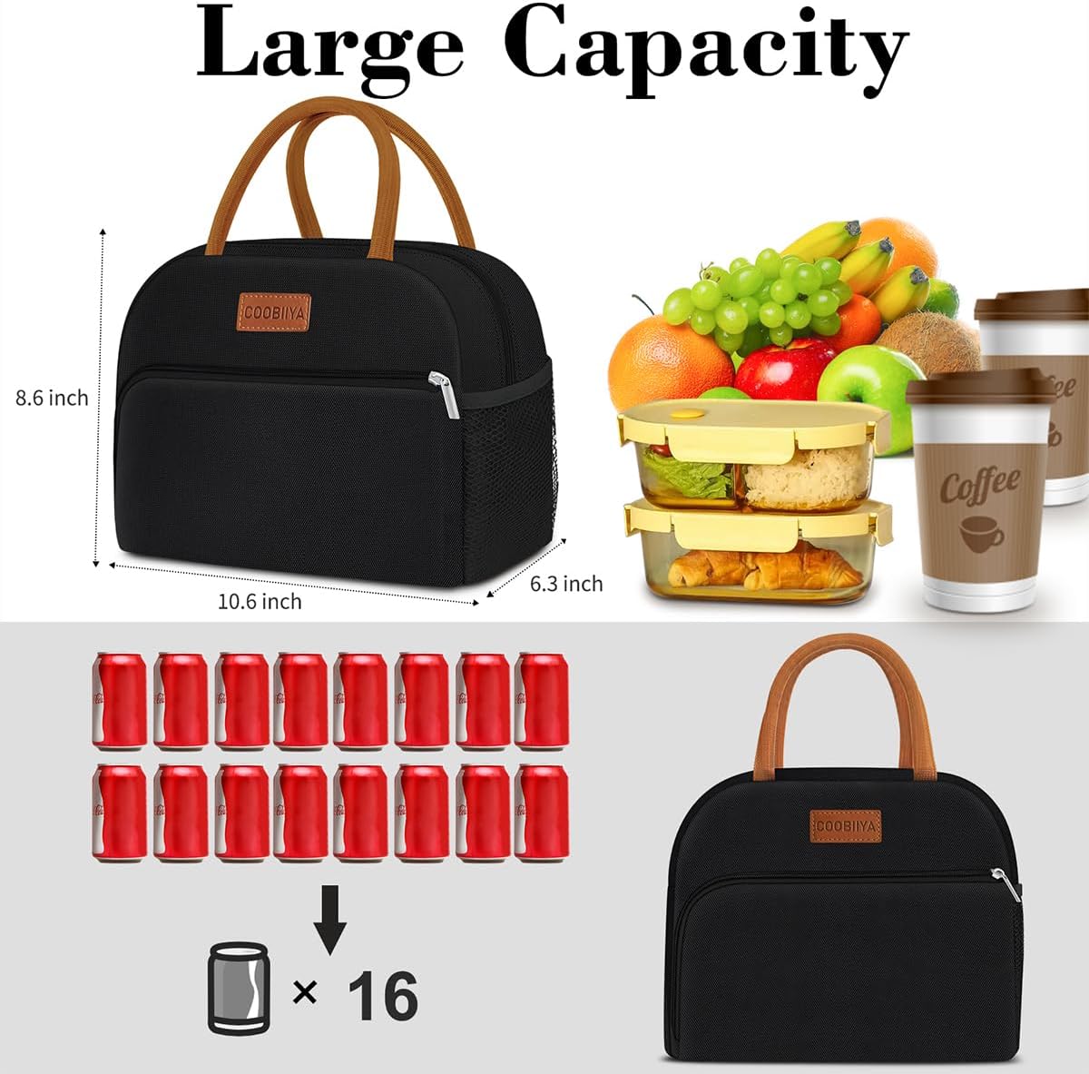 Coobiiya Lunch Box Lunch Bag for Women Men,Reusable Cute Lunch Pail bag,Leakproof,Insulated LunchBox Tote Compact 10L, Cooler Lunch Container for Work Travel Office (Black)