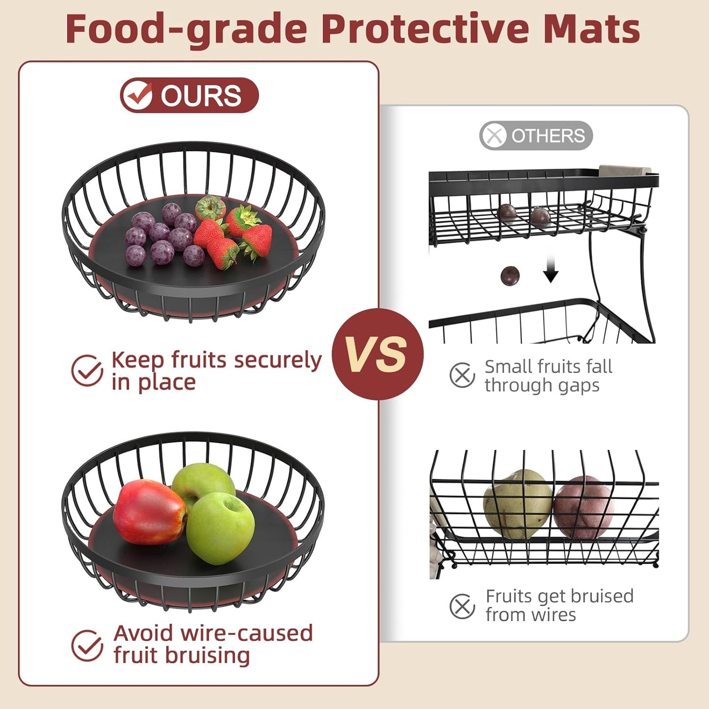 Sevenblue 2 Tier Large Fruit Basket for Kitchen Counter with 2 Banana Hangers, Metal Stackable Fruit Bowl for Kitchen Counter for Bread Vegetable Fruits, Black