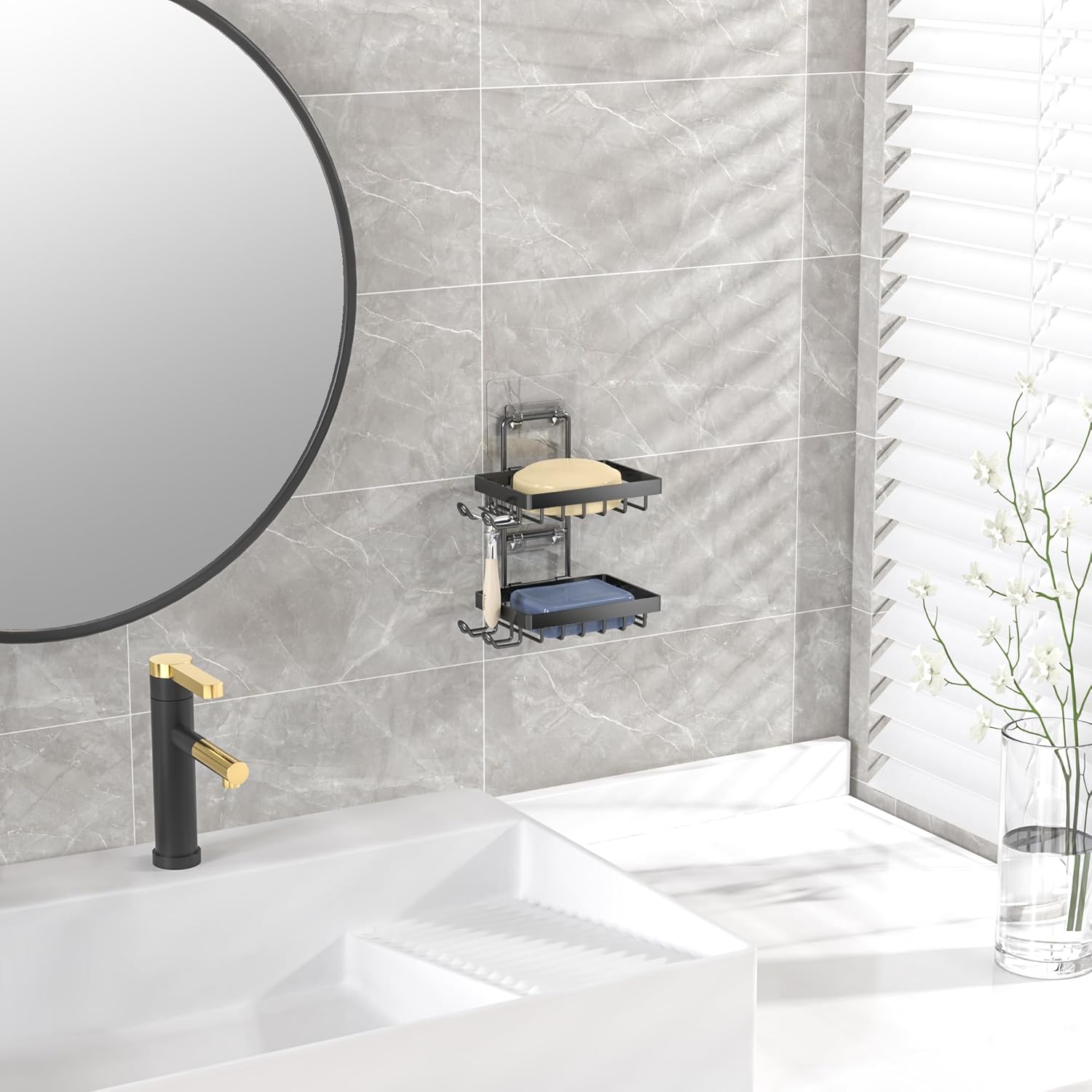 Moforoco Double Soap Bar Holder for Shower, No Drilling, 304 Stainless Steel, Wall Mounted Soap Holder with 4 Hooks and Razor Holder, Shower Rack Soap Tray Bar Soap for Bathroom Accessories Organizer