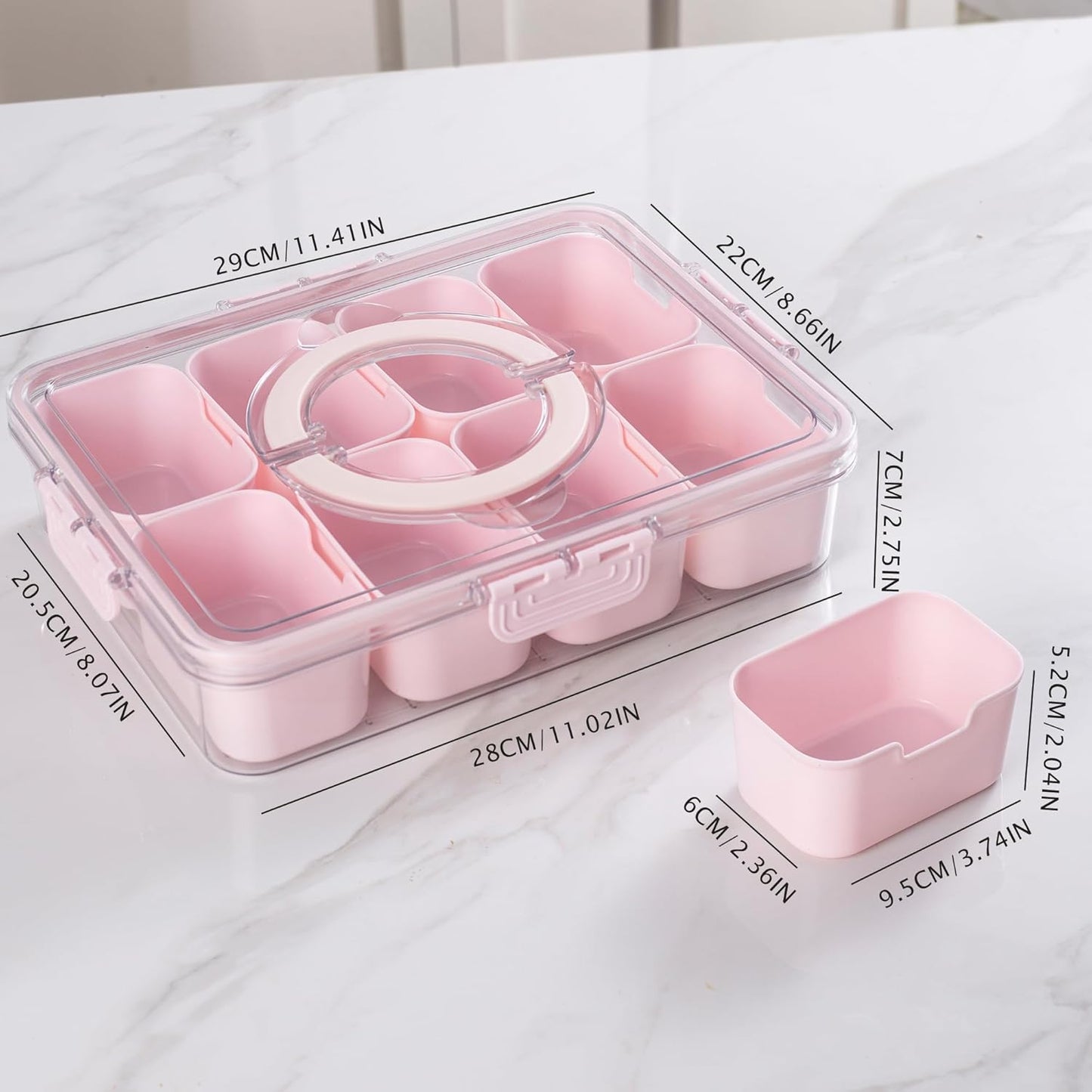 Divided Snack Serving Tray with Lid and Handle Travel Snackle Charcuterie Container Portable Storage Organizer for Candy, Fruits, Nuts, Snacks, Party, Picnic (1pack, Pink)