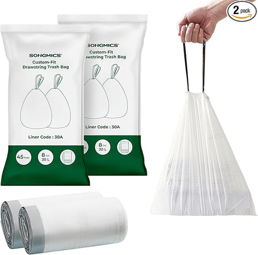SONGMICS Trash Bags, Drawstring Kitchen Garbage Bags, Pre-Separated, Box-Free Pack, for 8-Gallon (30 L) Trash Cans, Liner Code 30A, 2 Rolls, 90 Count, White UKRB30A02